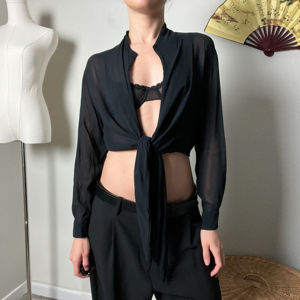 vintage black semi sheer minimalist deep plunge front tie long sleeve blouse top
